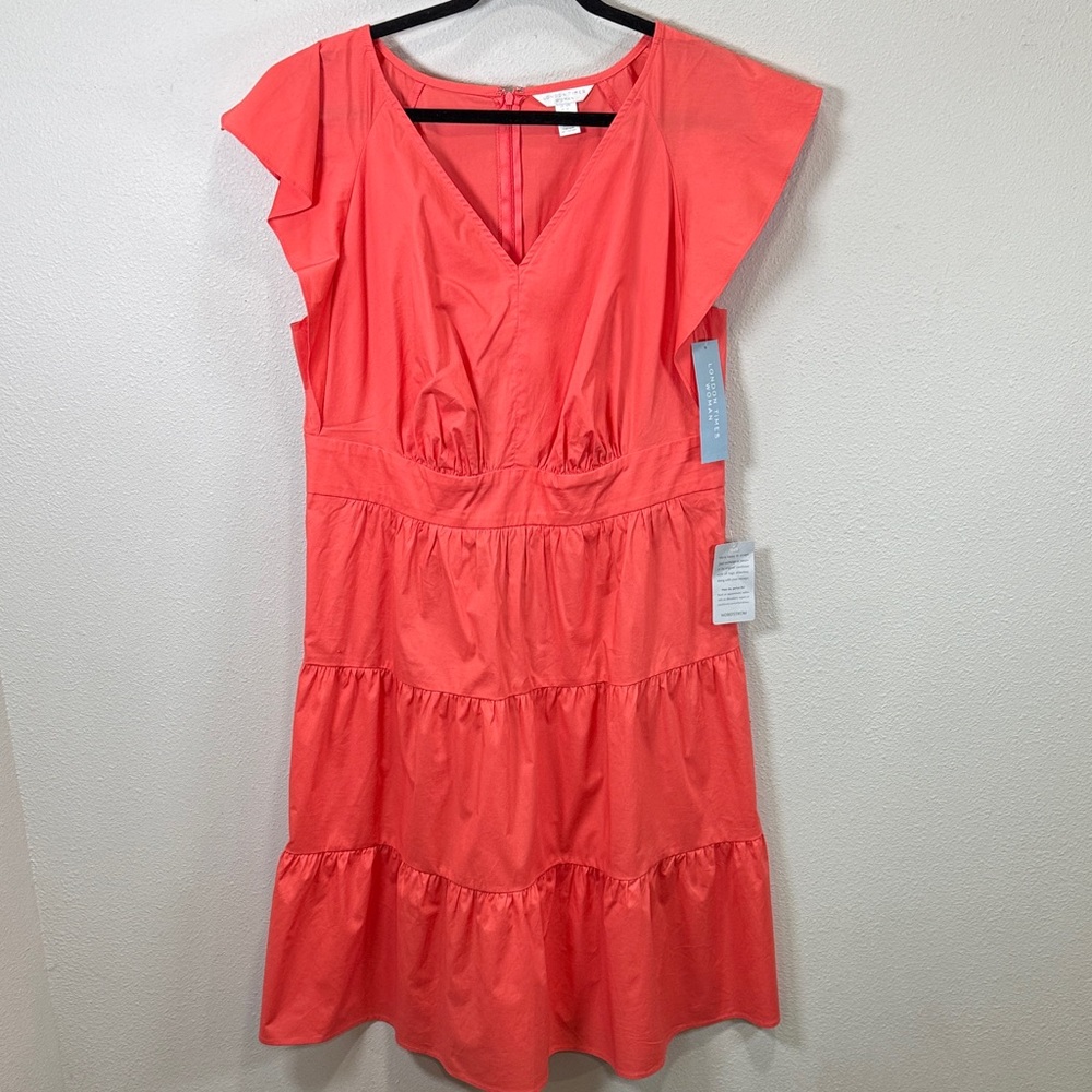 London Times Cotton‎ Poplin V-Neck Tiered  Vacation Dress  Dubarry Coral.